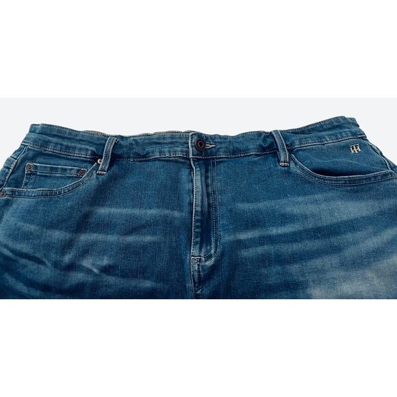 TOMMY HILFIGER HI-RISE DISTRESSED DENIM SHORTS, WOMENS, 14, DENIM BLUE, FOLD HEM - Picture 2 of 10